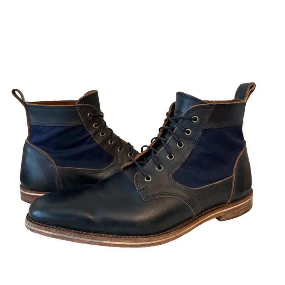 HELM Boots Men's Lace-up Leather Black with Blue Denim Side Panels Size 10.5 D